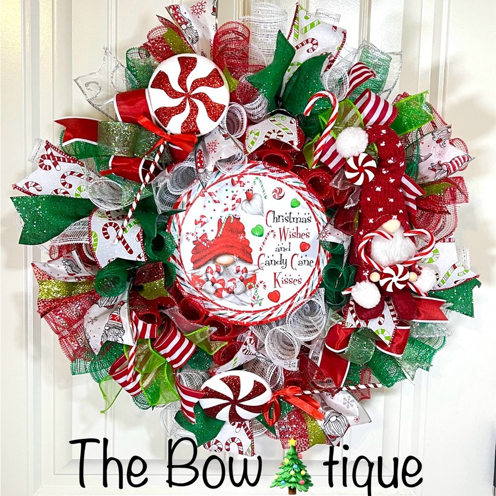 Handmade Christmas Candy Cane Gnome Holiday Ribbon Door Wreath 22 ins W70